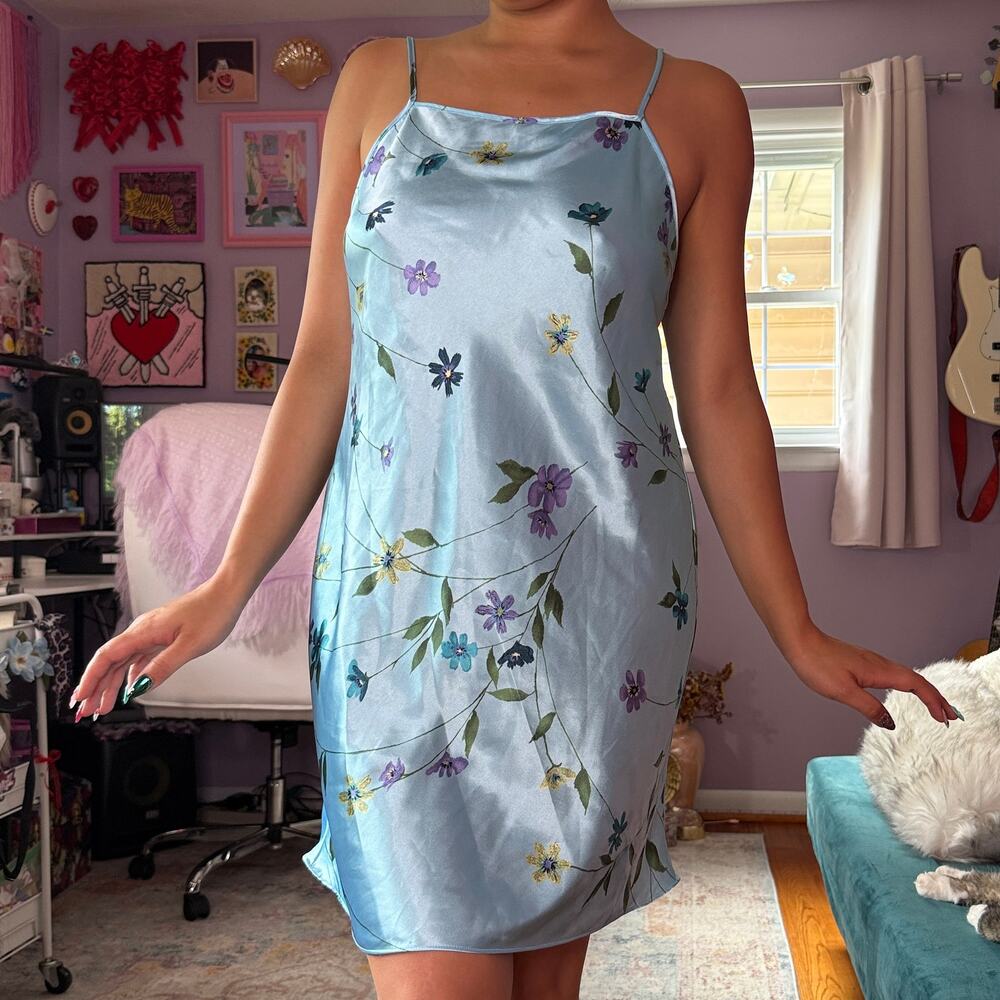 Vintage Y2K blue floral print satin mini slip dress